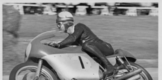 Mike Hailwood (1) riding a 1964 MV Agusta 500cc four-cylinder Grand Prix racebike. Photo courtesy of MV Agusta.