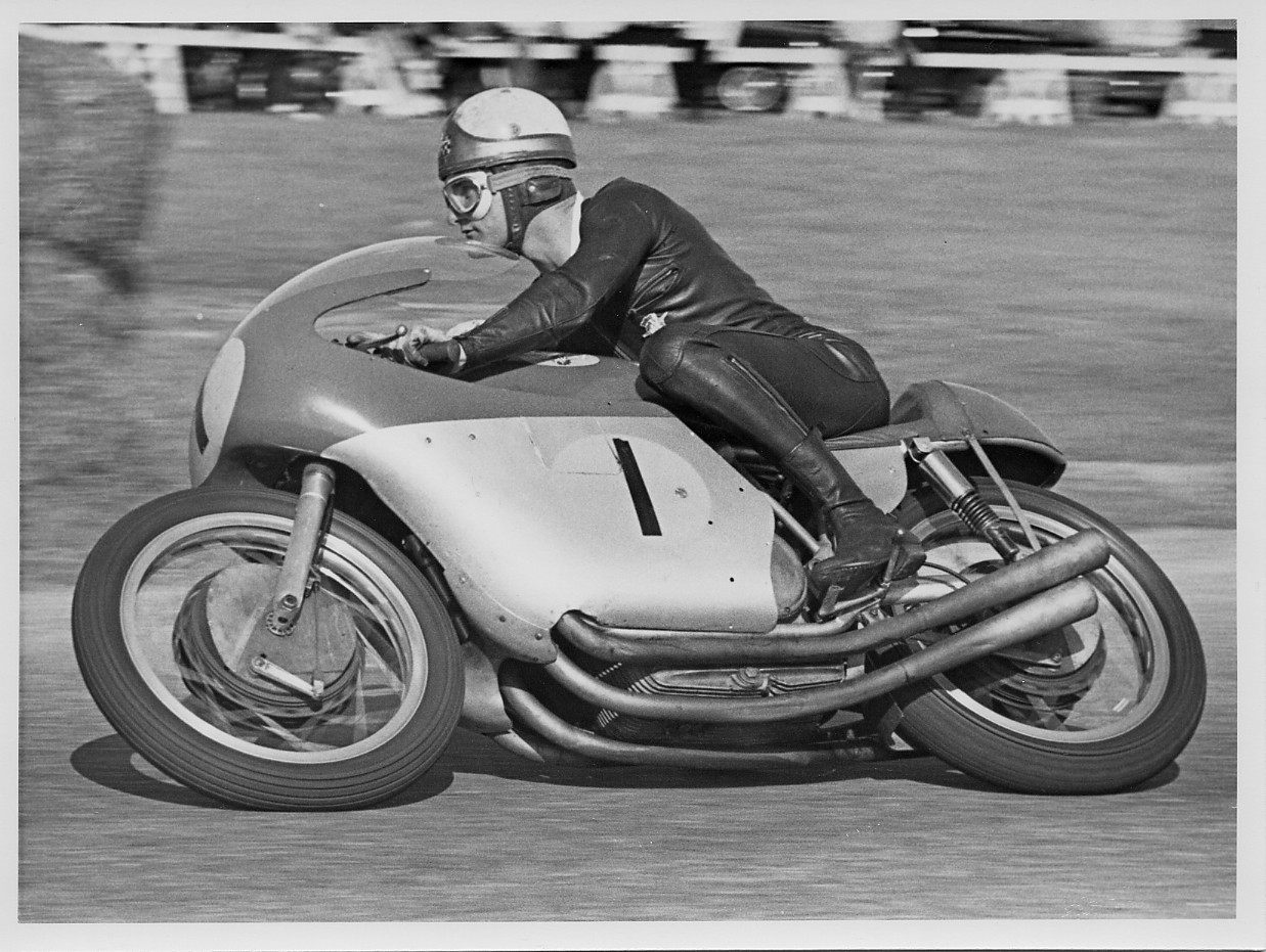 Mike Hailwood (1) riding a 1964 MV Agusta 500cc four-cylinder Grand Prix racebike. Photo courtesy of MV Agusta.