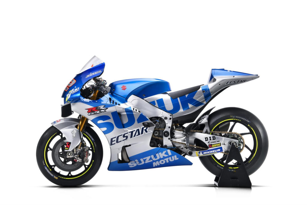 The left side of the 2020 Team Suzuki ECSTAR GSX-RR. Photo courtesy of Team Suzuki Press Office.