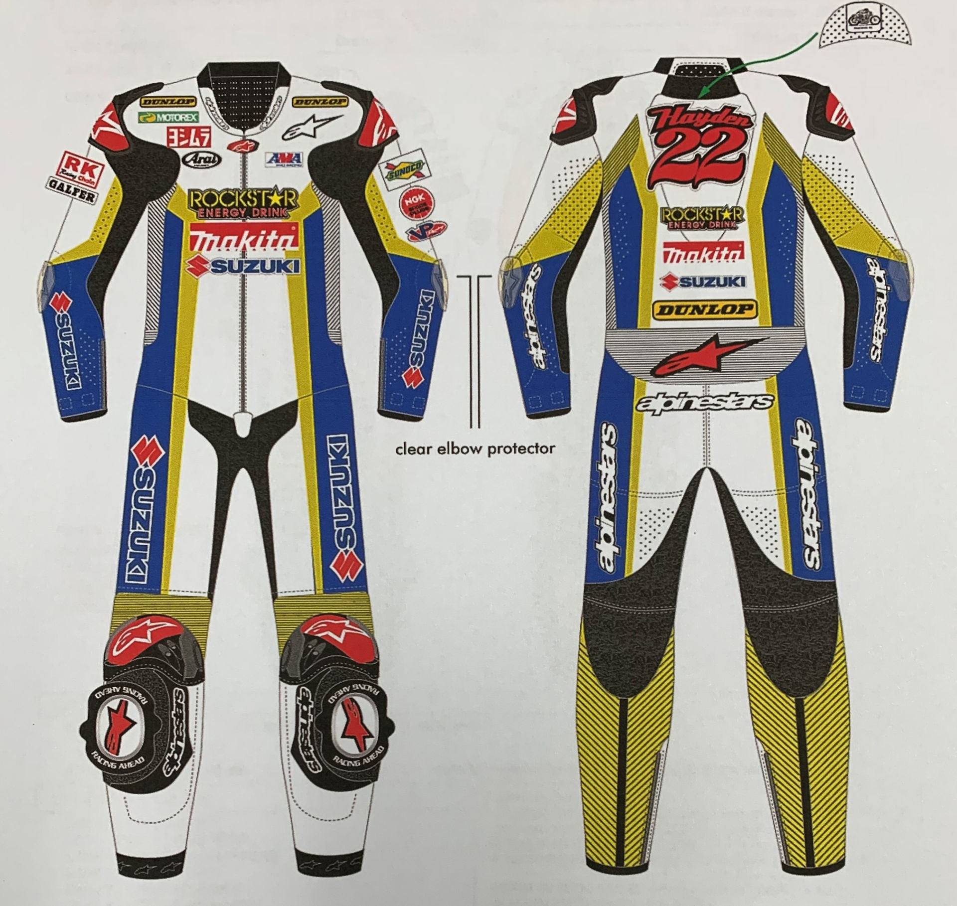 Art work representing the Tommy Hayden leathers that were stolen from Yoshimura Suzuki. Photo courtesy of Yoshimura Racing.