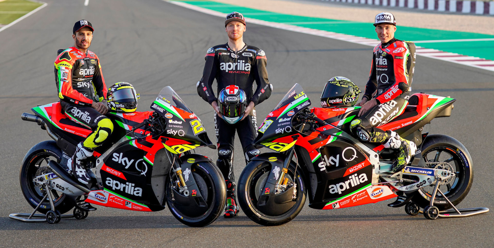 Andrea Iannone (left), Bradley Smith (center), and Aleix Espargaro (right) in Qatar. Photo courtesy of Aprilia.