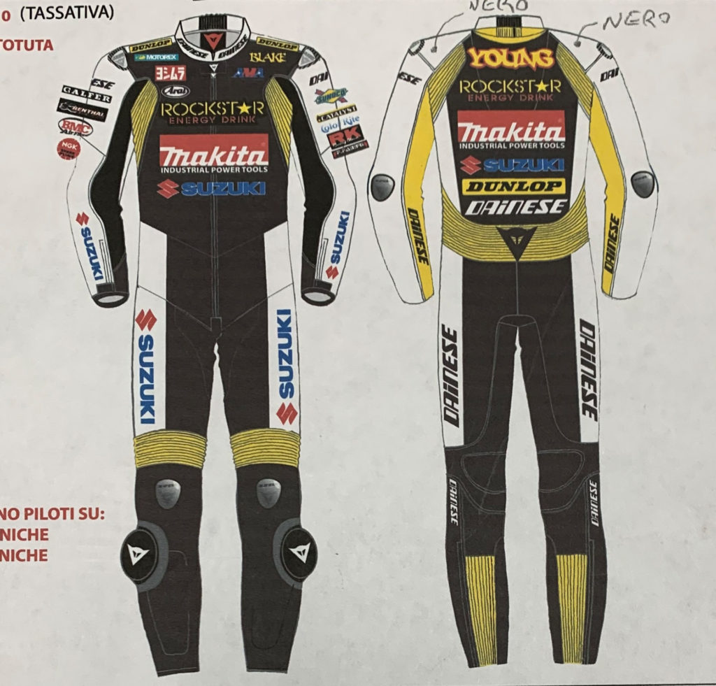 Art work representing the Blake Young leathers that were stolen from Yoshimura Suzuki. Photo courtesy of Yoshimura Racing.