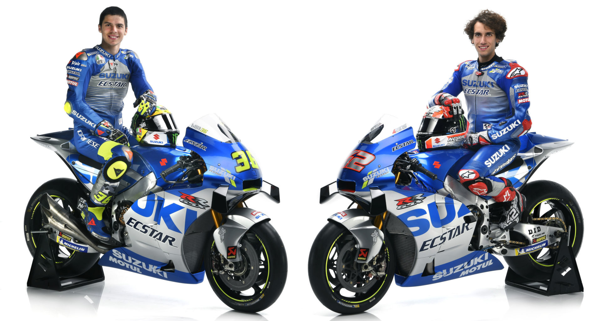 Team Suzuki ECSTAR’s Joan Mir (left) and Alex Rins (right) and their GSX-RR racebikes. Photo courtesy of Team Suzuki Press Office.