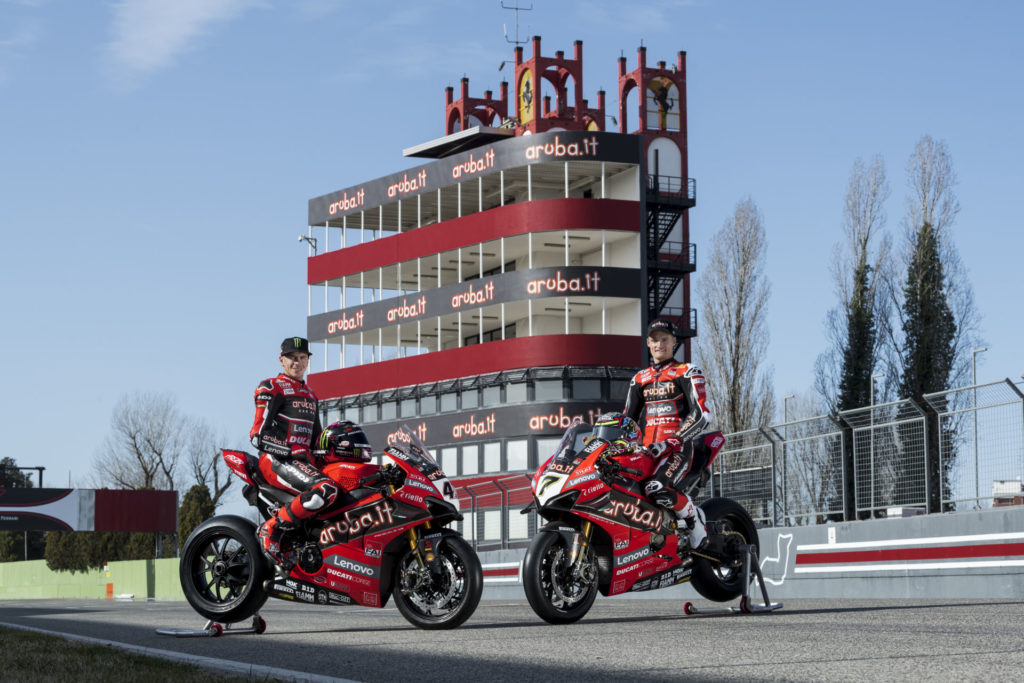 Chaz Davies (right) and Scott Redding (left) in front of the Aruba.it-branded control tower at the Imola Circuit. Photo courtesy of Aruba.it Racing Ducati.