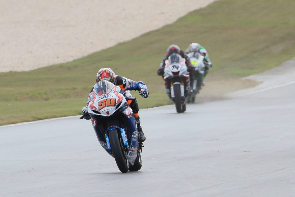 Fong crossing the finish line at Barber Motorsports Park to win the 2019 MotoAmerica Supersport Championship on his M4 ECSTAR Suzuki GSX-R600. Photo by Brian J. Nelson.