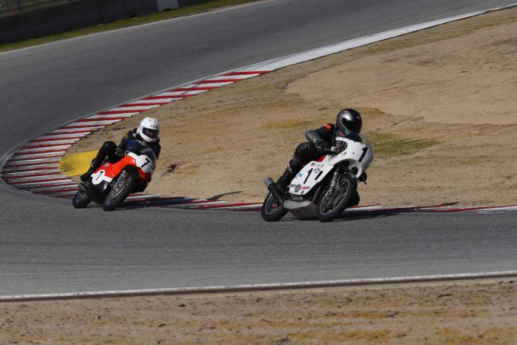 Andrew Mauk (1) and Dave Roper (7) in action at WeatherTech Raceway Laguna Seca. Photo by etechphoto.com, courtesy of AHRMA.