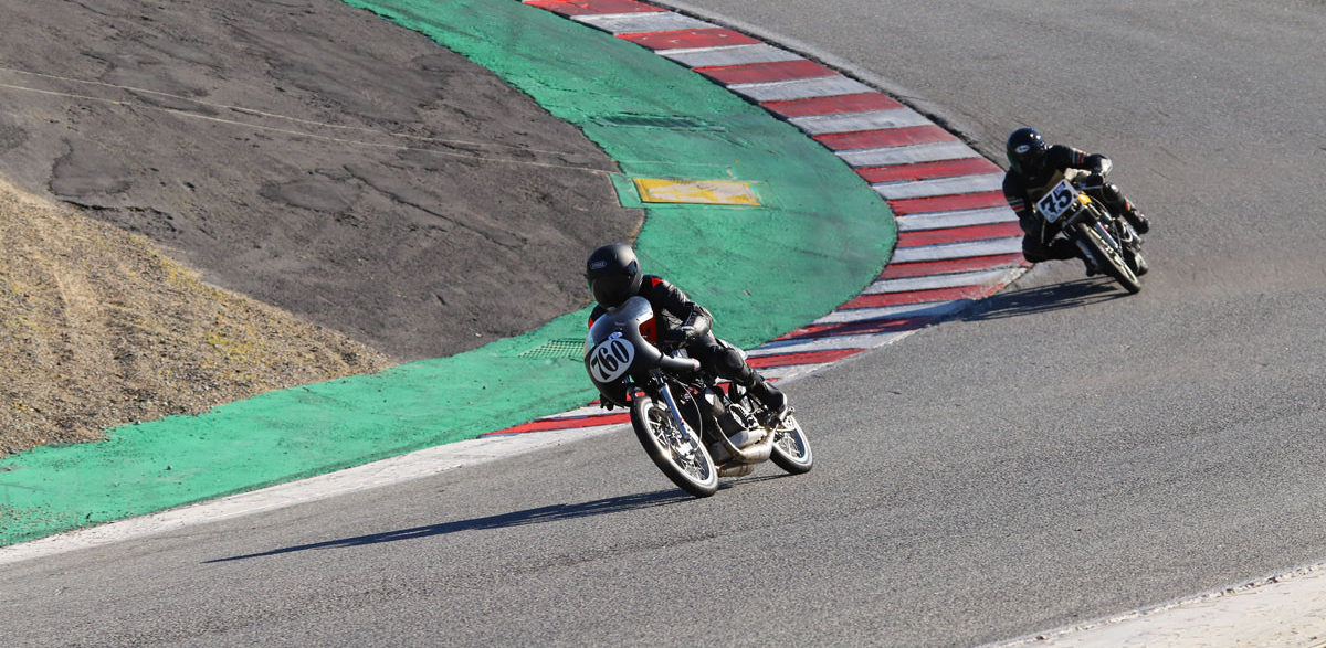 AHRMA racers Dustin Johnson (760) and Daric Cheshire (75R) at speed at WeatherTech Raceway Laguna Seca. Photo by etechphoto.com, courtesy of AHRMA.