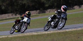 Jonas Stein (123) leads Greg Glevicky (1) during an AHRMA race at Roebling Road Raceway. Photo by etechphoto.com, courtesy of AHRMA.