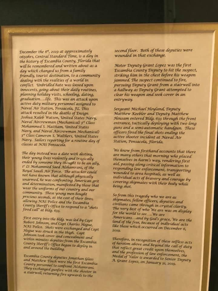A certificate presented to Grant Lopez along with his Medal of Valor. Photo courtesy of Escambia County Sheriff’s Office. 