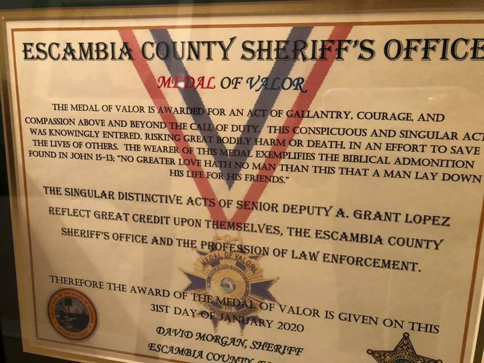 A certificate presented to Grant Lopez along with his Medal of Valor. Photo courtesy of Escambia County Sheriff’s Office.