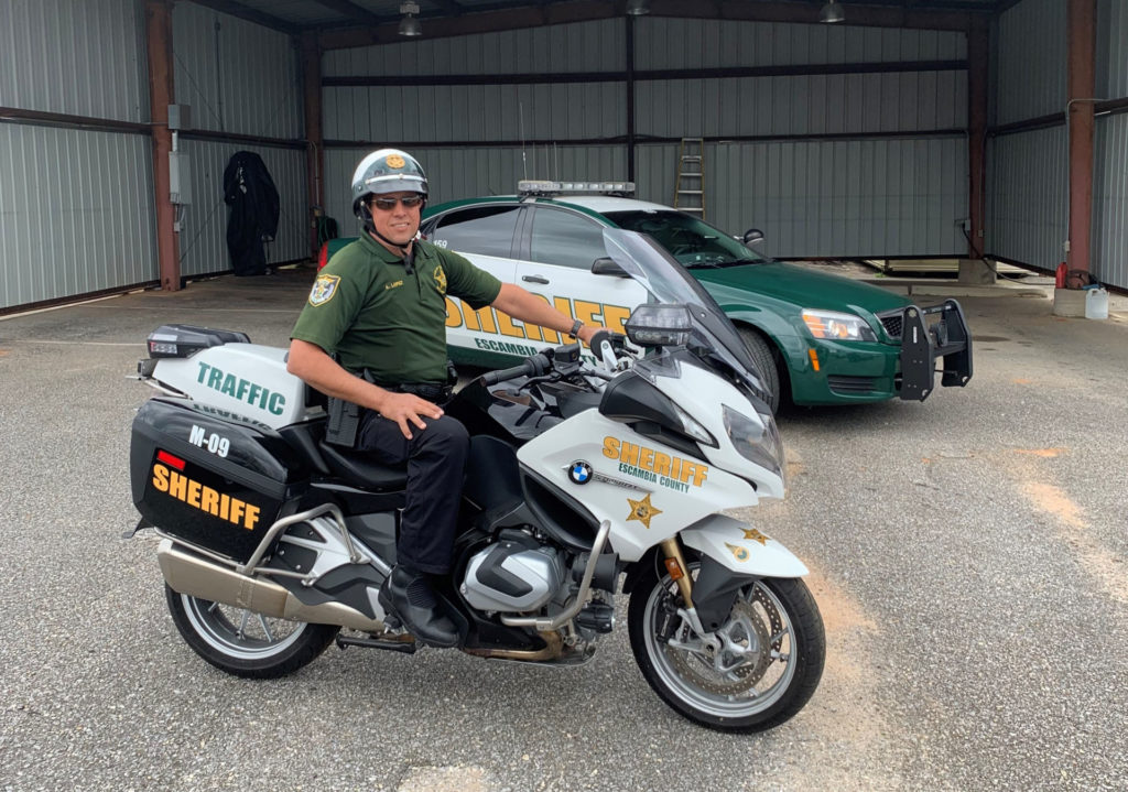 Senior Deputy Grant Lopez on his 2019 BMW R 1250 RT-P on the job with Escambia County Sheriff’s Office. Photo courtesy of Grant Lopez.