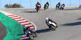 AHRMA: Sunday Results From WeatherTech Raceway Laguna Seca AHRMA racers Greg Tomlinson (1M), Jason Lindquist (13), Jarl Wathne (188), Mica Grohn (2V), Dustin Johnson (760), and Alex McLean (122) coming down the Corkscrew at WeatherTech Raceway Laguna Seca. Photo by etechphoto.com, courtesy of AHRMA.