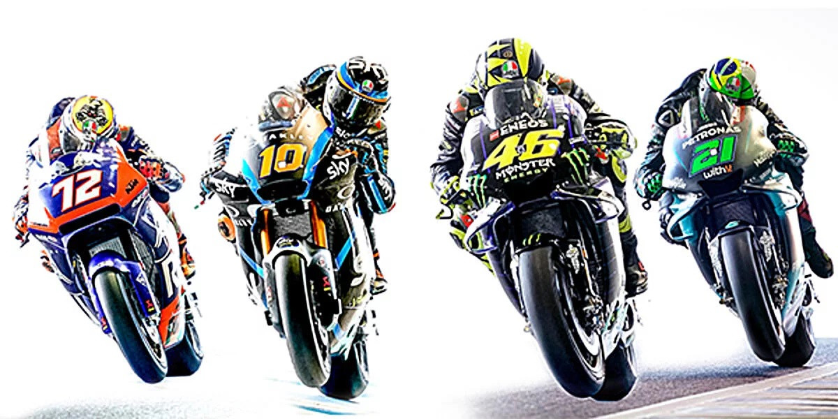 Valentino Rossi (46), Franco Morbidelli (21), Luca Marini (10), and Marco Bezzecchi (72). Image courtesy of Dainese.