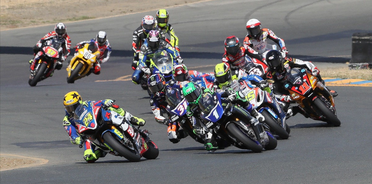 The start of a professional MotoAmerica Superbike race at Sonoma Raceway in 2019. Photo by Brian J. Nelson.