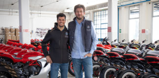 Simone Corsi (left) and MV Agusta Chairman and CEO Timur Sardarov (right) at MV Agusta’s factory in Italy. Photo courtesy of MV Agusta.