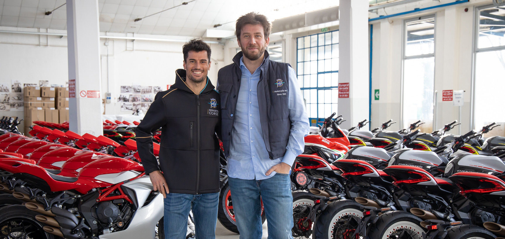 Simone Corsi (left) and MV Agusta Chairman and CEO Timur Sardarov (right) at MV Agusta’s factory in Italy. Photo courtesy of MV Agusta.