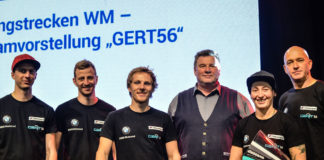 (From right): Ronny Schlieder, Lucy Glöckner, Karsten Wolf, Pepijn Bijsterbosch, Stefan Kerschbaumer, and Toni Finsterbusch. Photo courtesy of Wunderlich Motorsport.
