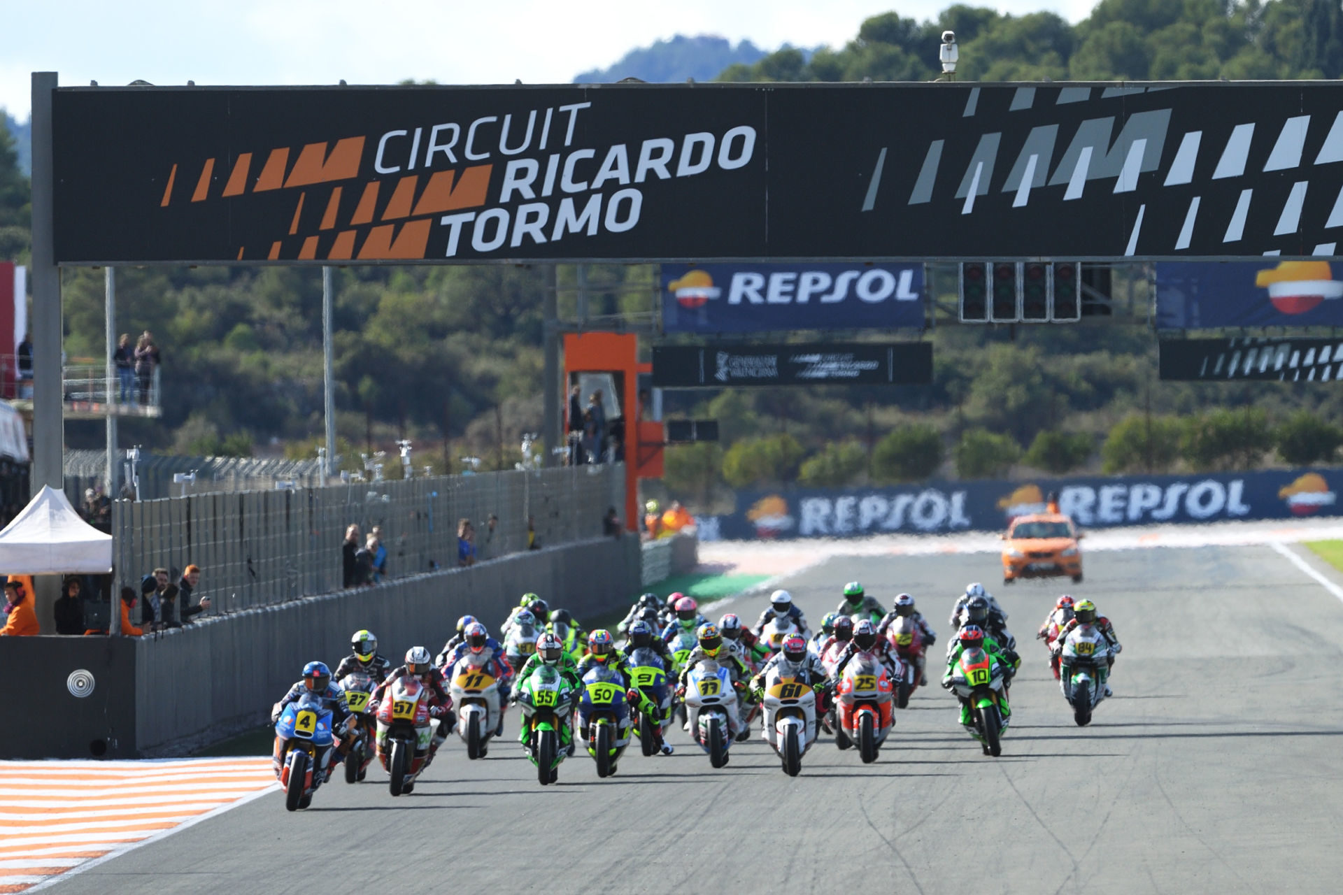 The start of a Repsol FIM CEV Moto2 European Championship race at Valencia. Photo courtesy of Repsol FIM CEV Press Office.