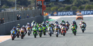 The start of a Repsol FIM CEV Moto2 European Championship race at Valencia. Photo courtesy of Repsol FIM CEV Press Office.