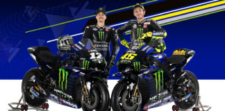 Monster Energy Yamaha riders Maverick Vinales (left) and Valentino Rossi (right) with their YZR-M1 racebikes. Photo courtesy of Monster Energy Yamaha.
