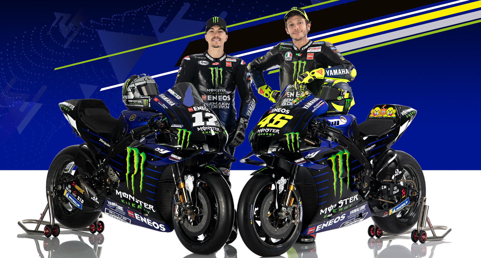 Monster Energy Yamaha riders Maverick Vinales (left) and Valentino Rossi (right) with their YZR-M1 racebikes. Photo courtesy of Monster Energy Yamaha.