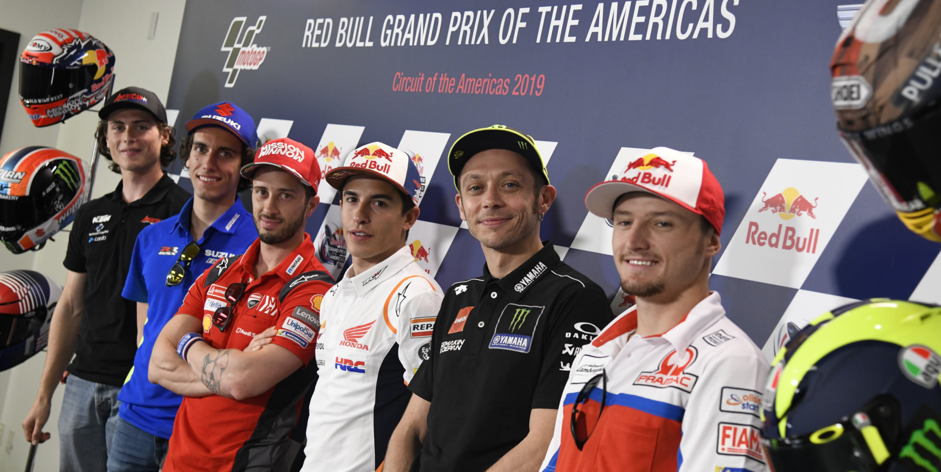 World Championship racers (from right) Jack Miller, Valentino Rossi, Marc Marquez, Andrea Dovizioso, Alex Rins, and Joe Roberts during the pre-event press conference at Circuit of The Americas in 2019. Photo courtesy of Dorna.