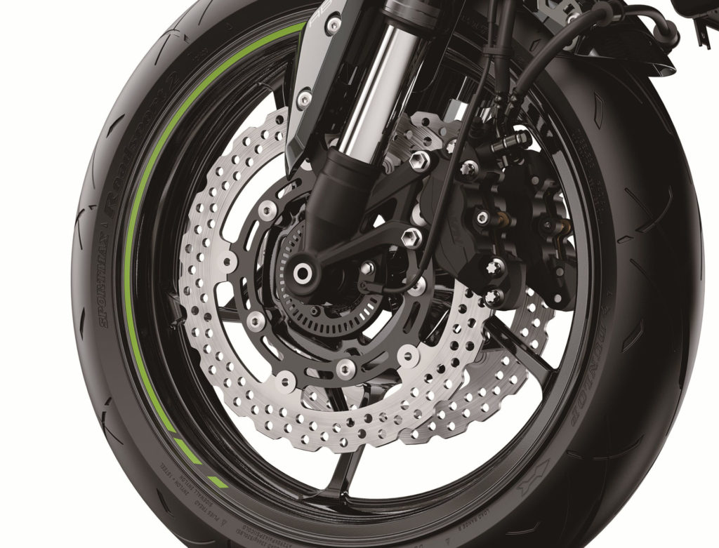 The front brakes on a 2020-model Kawasaki Z900. Photo courtesy of Kawasaki Motors Corp., U.S.A.