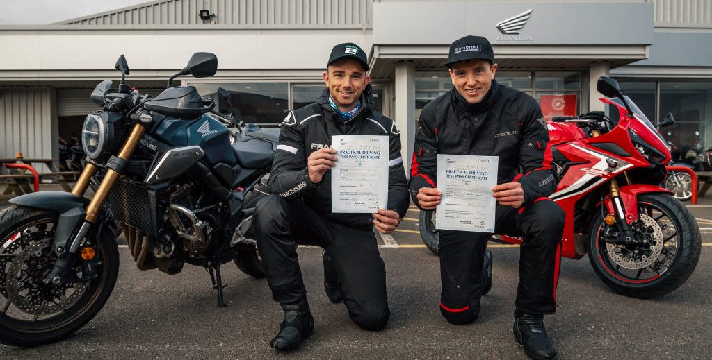 Honda UK British Superbike racers Glenn Irwin (left) and Andrew Irwin (right) with their new motorcycle road licenses. Photo courtesy of HondHonda UK British Superbike racers Glenn Irwin (left) ad Andrew Irwin (right) with their new motorcycle road licenses. Photo courtesy of Honda UK Racing Press Office.UK Racing Press Office.