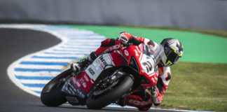 Barni Racing Team rider Leon Camier (2) at speed at Phillip Island. Photo courtesy of Barni Racing Team.