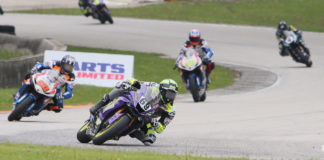 Hayden Gillim (69) leading Bobby Fong (50), Sean Dylan Kelly (40), and Josh Hayes (4) during a MotoAmerica Supersport race at Road America in 2019. Photo by Brian J. Nelson.