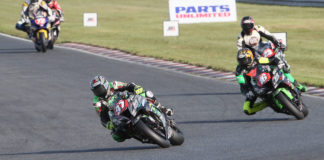 Stefano Mesa (37) leading Frankie Babuska, Jr. (16), Corey Alexander (23), and Miles Thornton (72) during the MotoAmerica Stock 1000 race at New Jersey Motorsports Park in 2019. Photo by Brian J. Nelson.