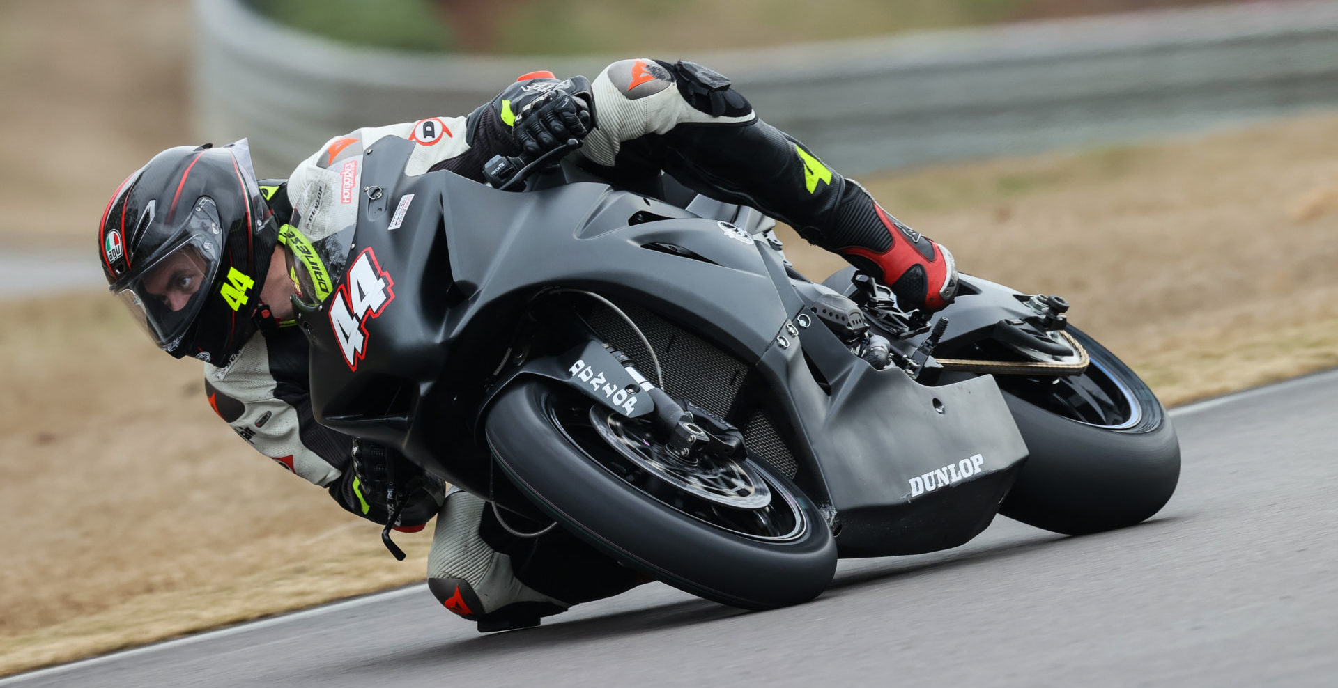 Dunlop motorcycle tire test engineer/rider Taylor Knapp (44) in action during the official MotoAmerica pre-season test at Barber Motorsports Park. Photo by Brian J. Nelson.