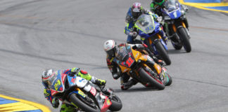 Toni Elias (24) leads Mathew Scholtz (11), JD Beach (95), and Cameron Beaubier (1) during a MotoAmerica Superbike race at Road Atlanta in 2019. Photo by Brian J. Nelson.