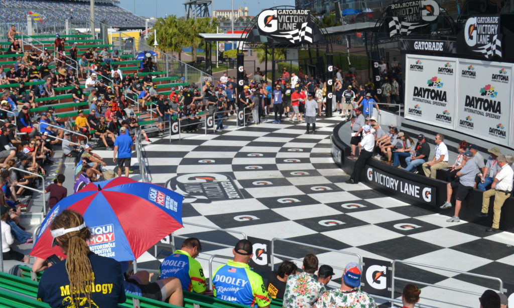 A scene from the ASRA/CCS rider’s meeting in Gatorade Victory Lane Friday at Daytona International Speedway. Photo by David Swarts.