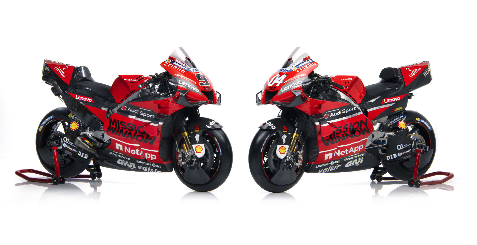 The Ducati Desmosedici GP20 MotoGP racebikes of Andrea Dovizioso and Danilo Petrucci. Photo courtesy of Ducati Corse.