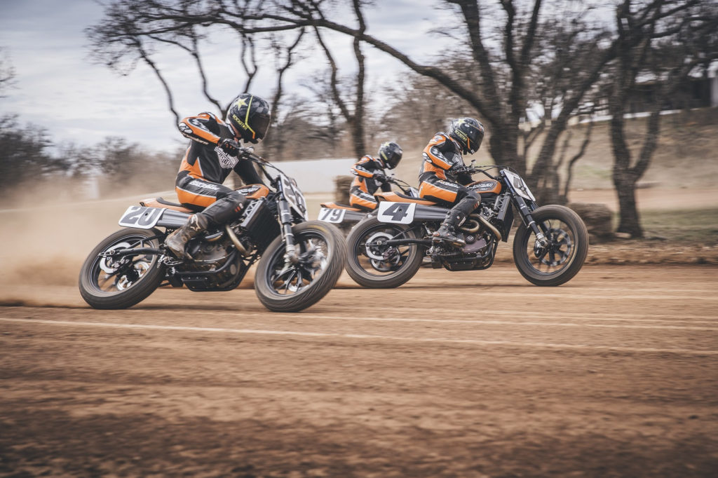 The Harley-Davidson Factory Flat Track Team: Jarod Vanderkooi (20), Bryan Smith (4), and Dalton Gauthier (79). Photo courtesy of Harley-Davidson.