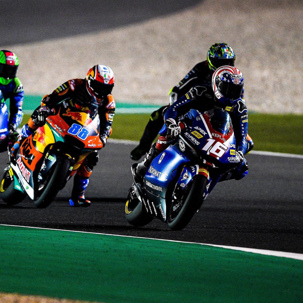 American Joe Roberts (16) fighting at the front during the Moto2 World Championship race at Losail International Circuit. Photo courtesy of American Racing Team.