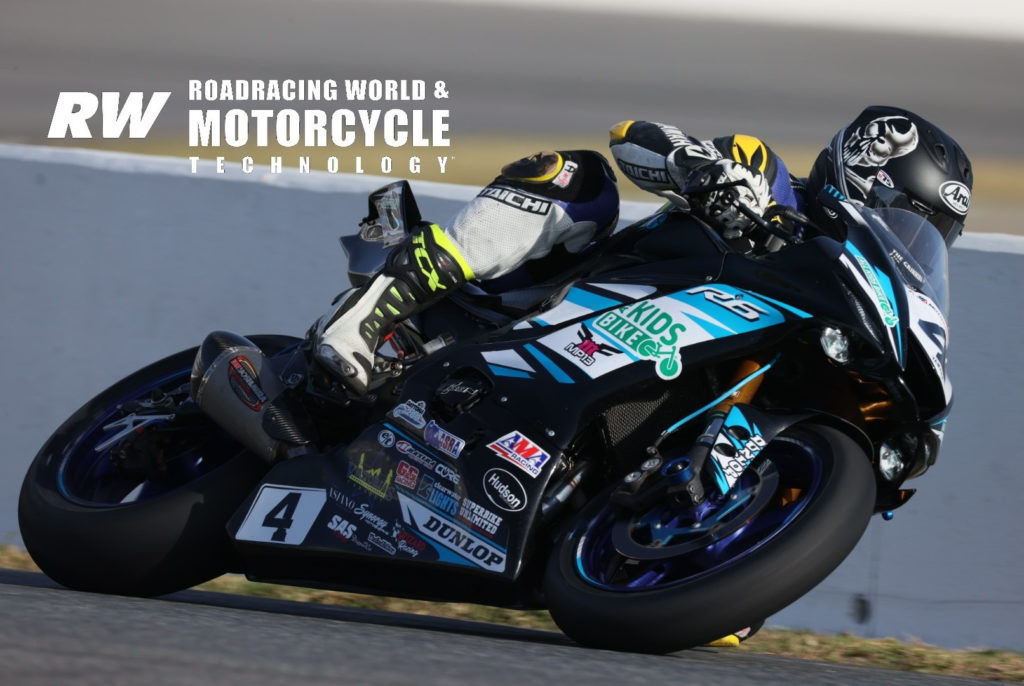 Josh Hayes (4) at speed on his MP13 Racing Yamaha during the opening practice session at the 79th Daytona 200. Photo by Brian J. Nelson.