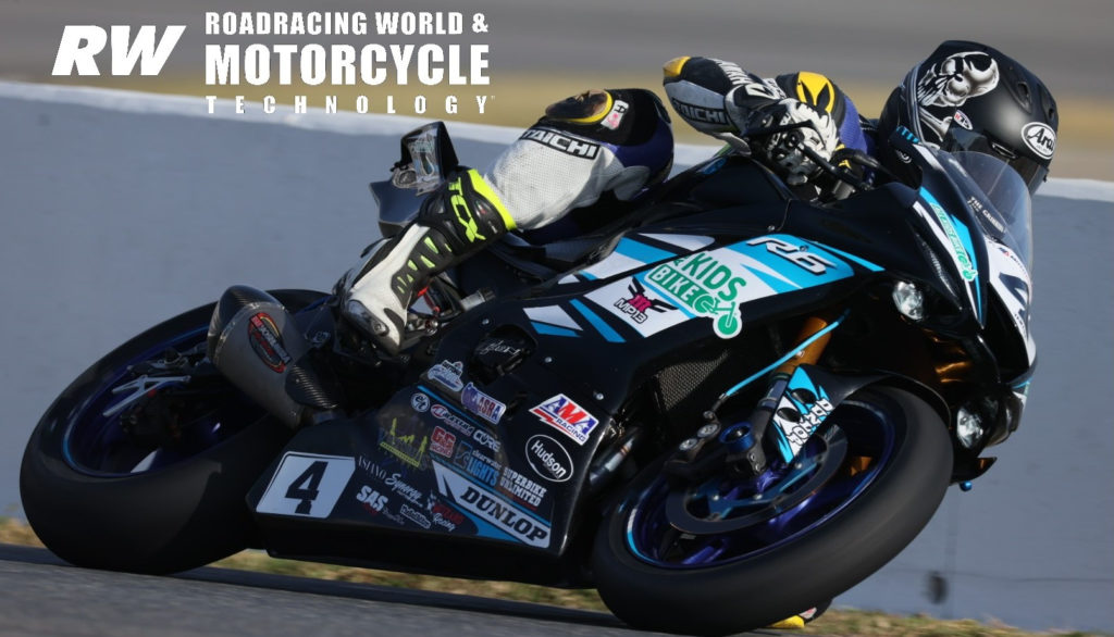 Josh Hayes (4) at speed on his MP13 Racing Yamaha during the opening practice session at the 79th Daytona 200. Photo by Brian J. Nelson.