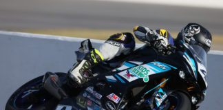 Josh Hayes (4) at speed on his MP13 Racing Yamaha during the opening practice session at the 79th Daytona 200. Photo by Brian J. Nelson.
