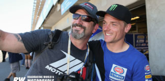 Special Online Screening Of AMA Road Racing Documentary “Road Warriors” Matt Greenstone (left) taking a photo with World Superbike racer Alex Lowes at Laguna Seca Raceway in 2016. Photo by David Swarts.
