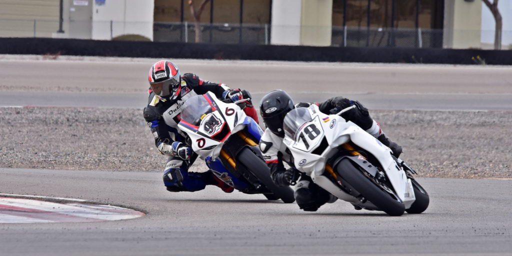 Mookie Wilkerson (94) passed Alejandro Thermiotis (78) for the win in C Superbike. Photo by Michael Gougis.