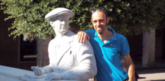 Artist Ettore Gambioli, seen here with his statue of Carlo Guzzi, is now working on a new statue of Moto Guzzi co-founder Giorgio Parodi for the 100th anniversary celebration of Moto Guzzi. Photo courtesy of Elena Bagnasco, the granddaughter of Giorgio Parodi.