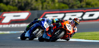 Wayne Maxwell (47) and Cru Halliday (65) in action during the opening round of the 2020 Australian Superbike Championship at Phillip Island. Photo by Russell Colvin, courtesy of Motorcycling Australia.