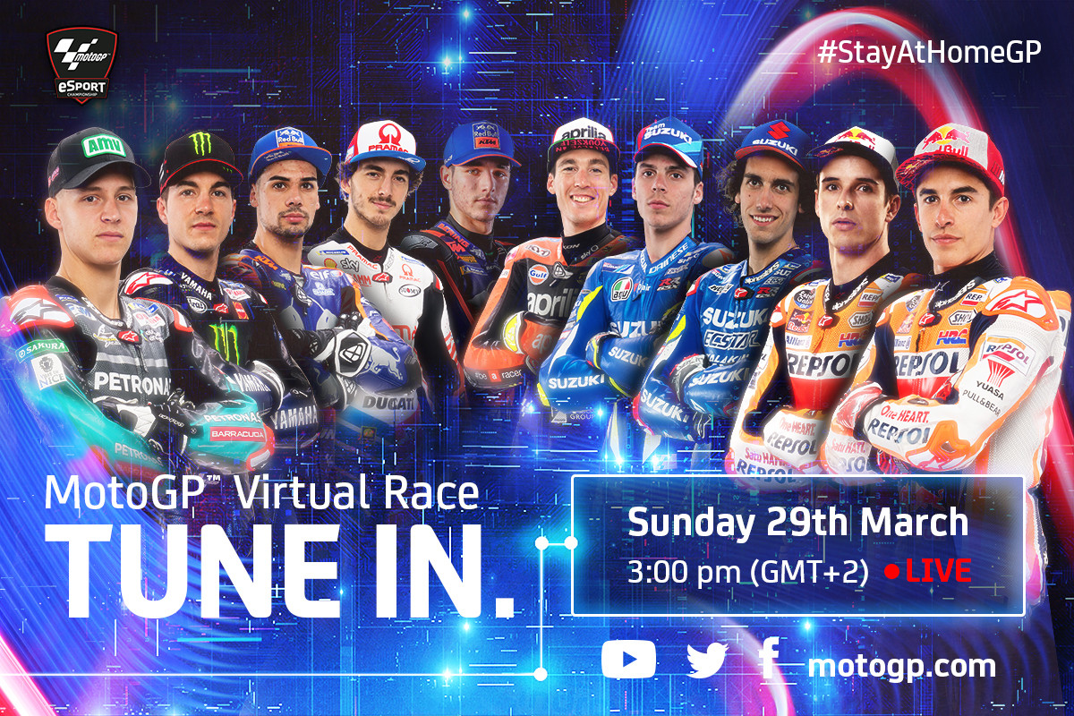 Riders slated to participate in the MotoGP Virtual Race include (from left): Fabio Quartararo, Maverick Vinales, Miguel Oliveira, Francesco Bagnaia, Iker Lecuona, Aleix Espargaro, Joan Mir, Alex Rins, Alex Marquez, and Marc Marquez. Image courtesy of Dorna/www.motogp.com.