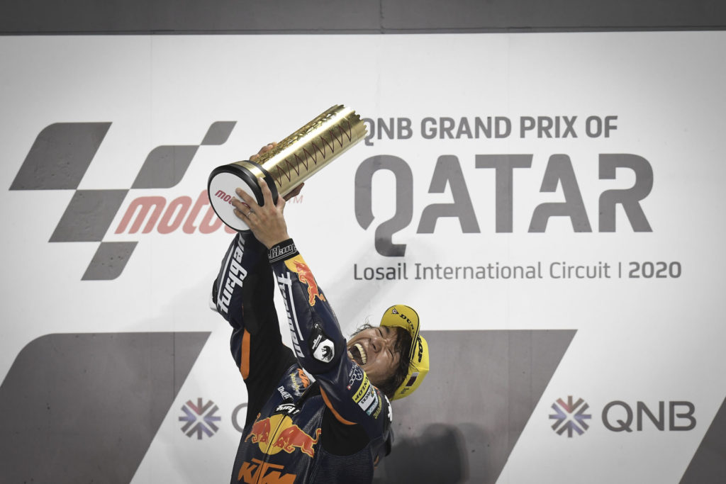 Tetsuta Nagashima on the Moto2 podium in Qatar. Photo courtesy of Dorna.