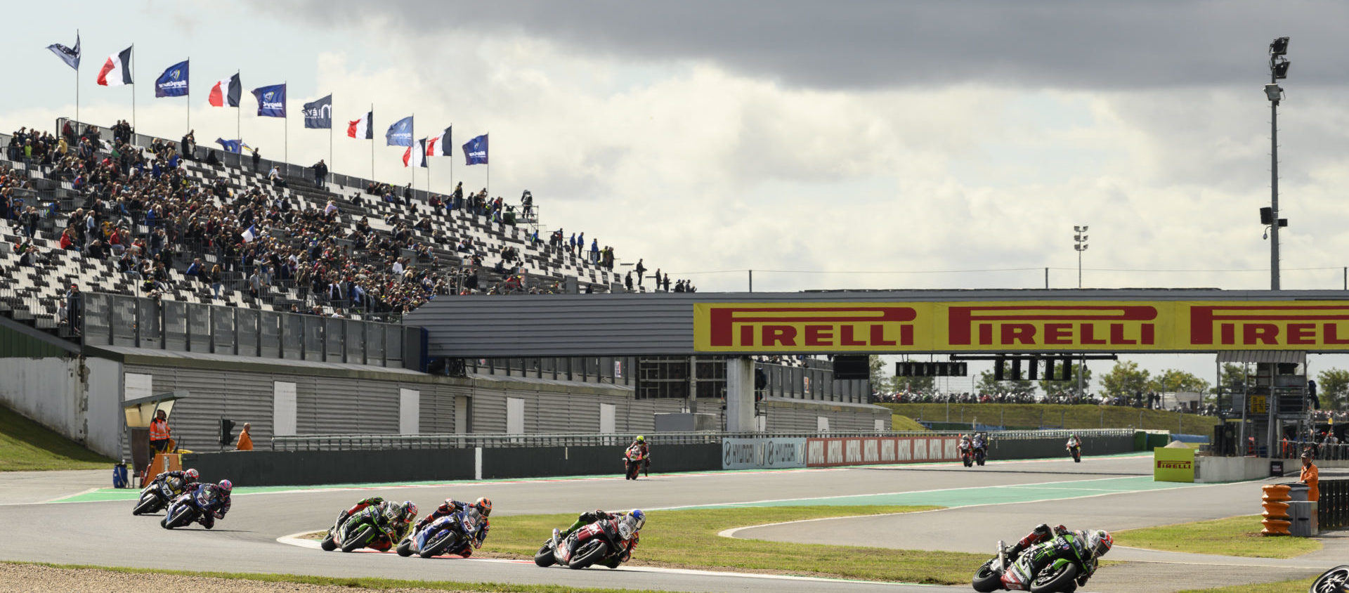 Action from a World Superbike race at Magny-Cours in 2019. Photo courtesy of Dorna.