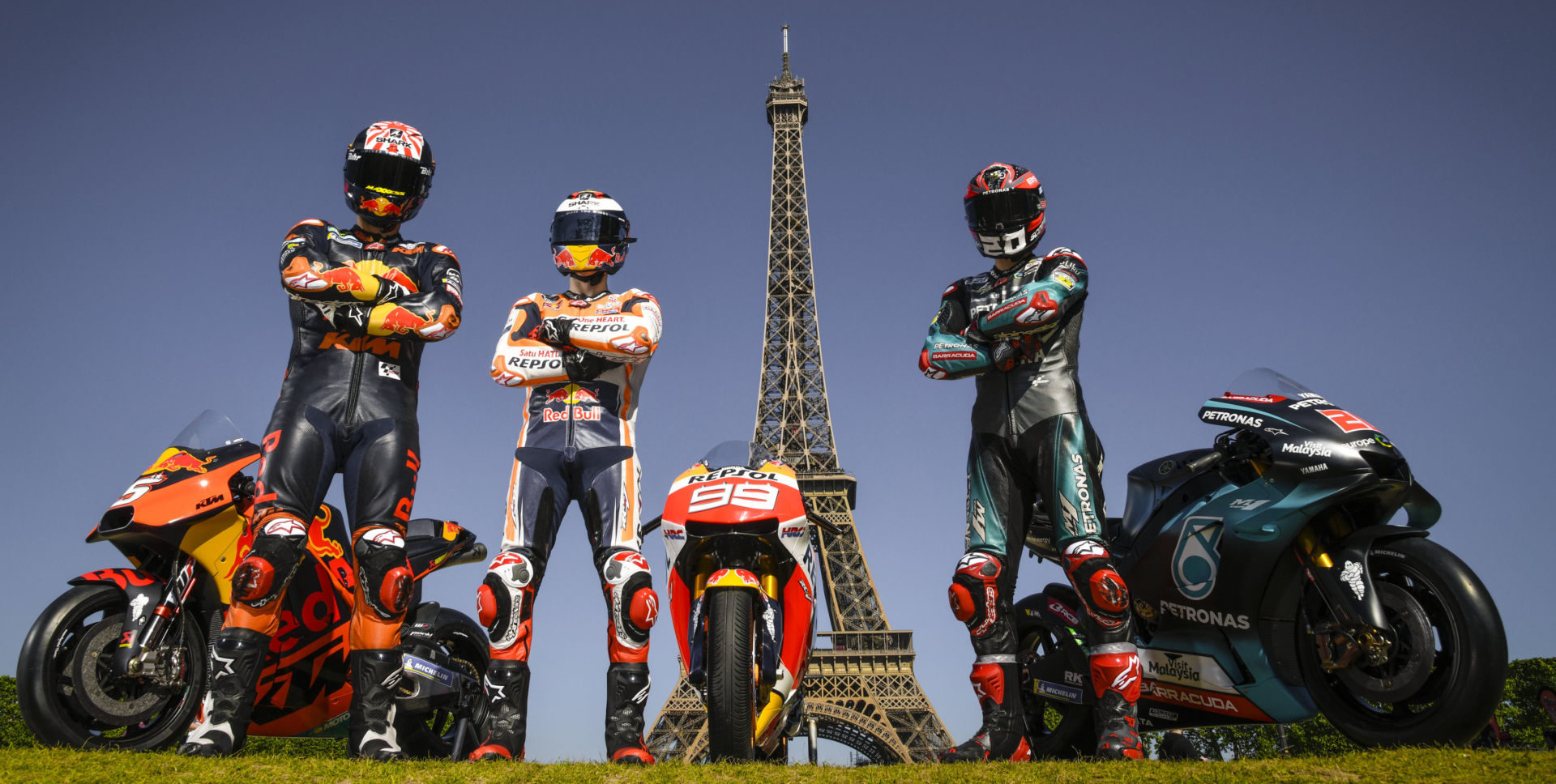 Johann Zarco (left), Jorge Lorenzo (center), and Fabio Quartararo (right) in a pre-race publicity photo in Paris for the 2019 French Grand Prix. Photo courtesy of Dorna.