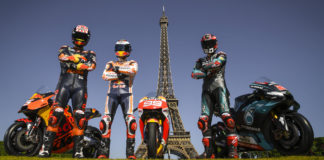 Johann Zarco (left), Jorge Lorenzo (center), and Fabio Quartararo (right) in a pre-race publicity photo in Paris for the 2019 French Grand Prix. Photo courtesy of Dorna.