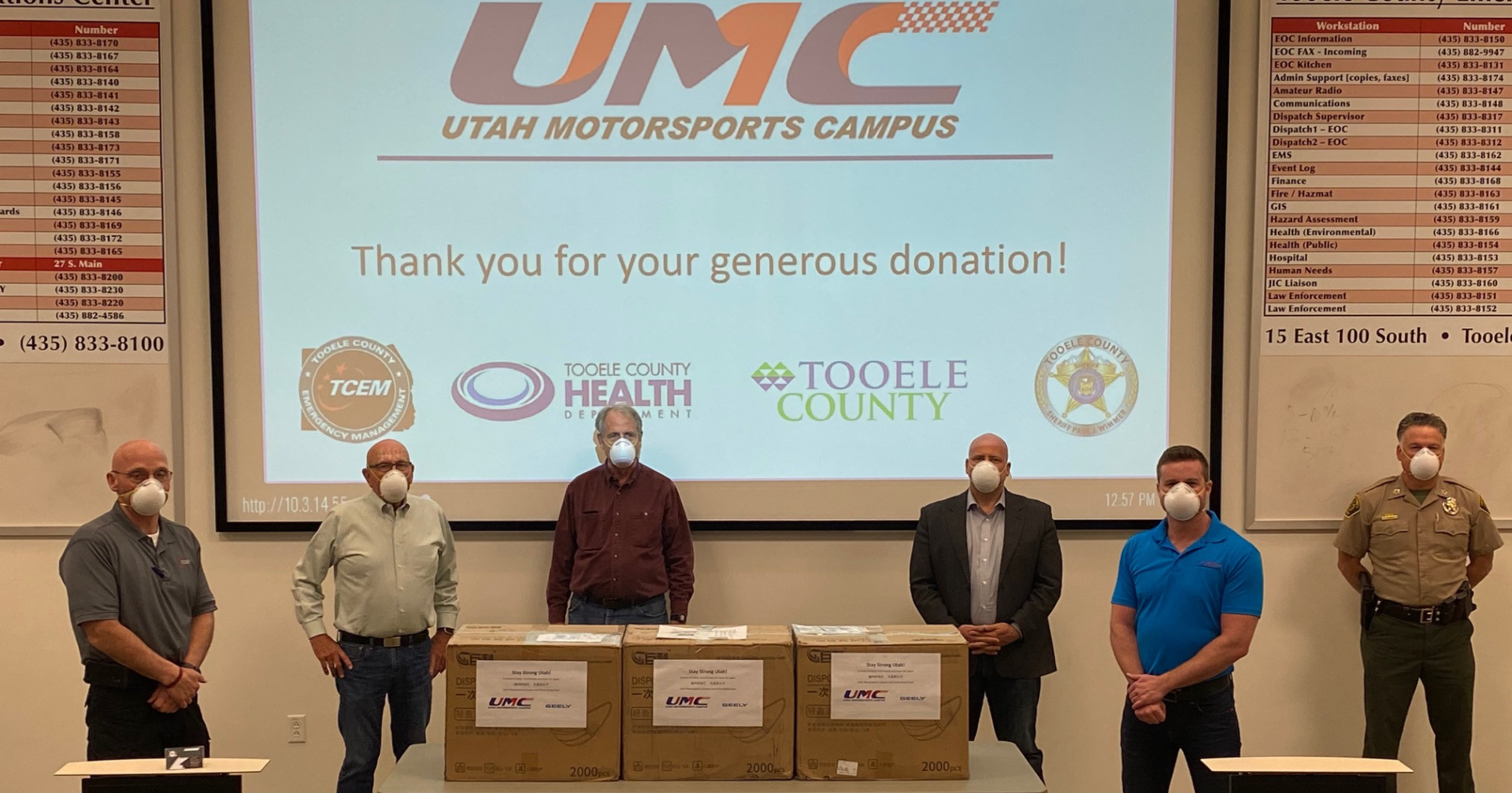 Utah Motorsports Campus donates 5,000 medical-grade face masks to Tooele County. Pictured left to right are: Bucky Whitehouse, Tooele County Emergency Manager; Kendall Thomas, Tooele County Commissioner; Tom Tripp, Tooele County Commissioner; Shawn Milne, Tooele County Commissioner; Dixon Hunt, UMC Senior Vice President; Paul Wimmer, Tooele County Sheriff. Photo courtesy of Utah Motorsports Campus.